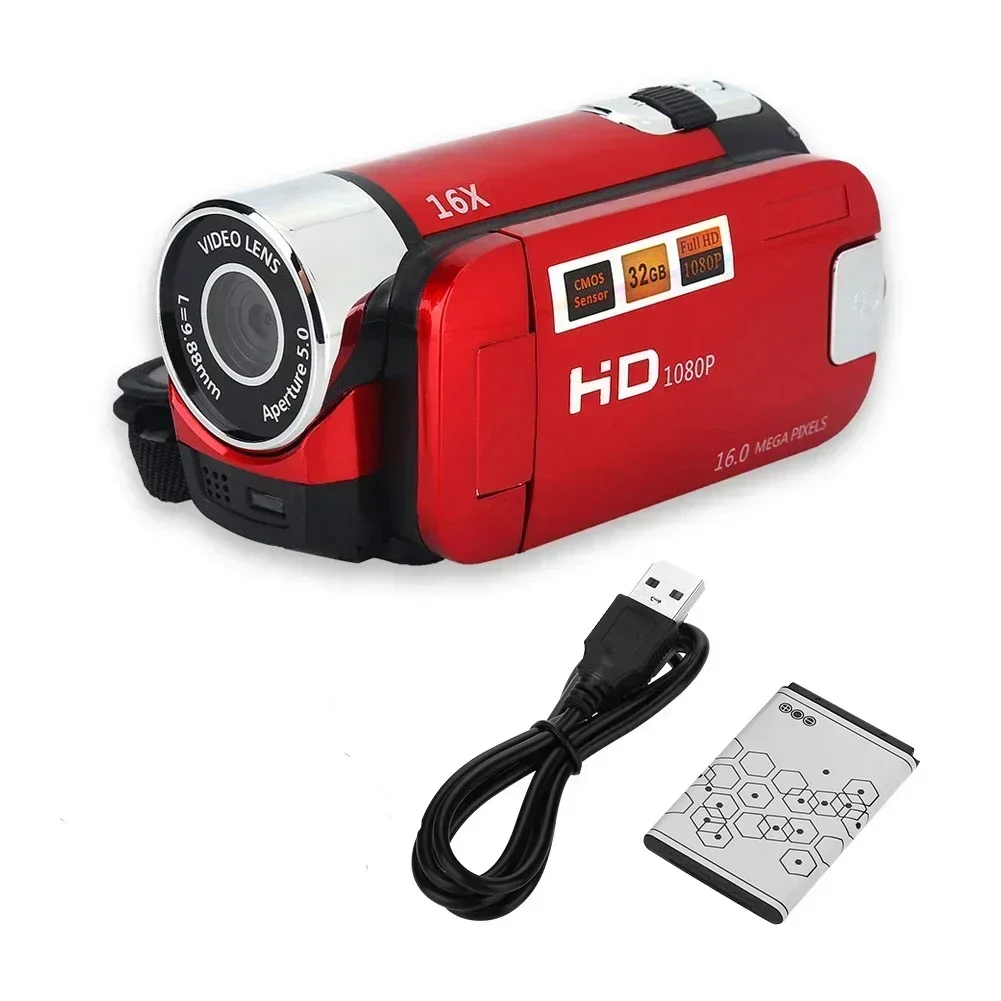 16MP HD Digital Camera 1080P Full HD Digital Video Camcorder 270 degree Rotation Screen 16X Night Vision Zoom Shooting Cam: Red / Bundle1