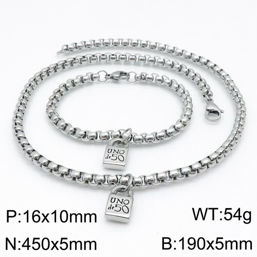 femmes hommes couleur argent or acier inoxydable serrure ronde clé Uno 50 boule perle Bracelet collier ensembles de bijoux: 13