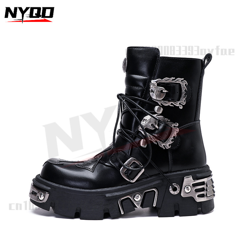 retro lässig Hohe Stiefel unisex Metall Felsen Dicken Sohlen Stiefel Motorrad Stiefel Männer Motorrad Schuhe botas moto