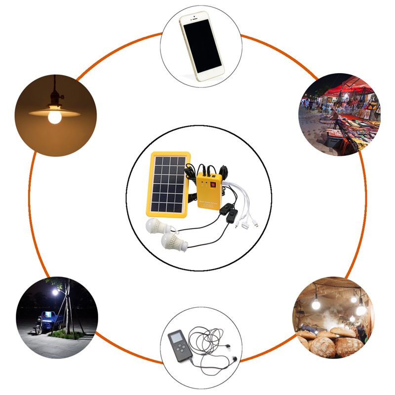 3w solcellepanel nødlyssett, solenergi generator 4 hoder usb ladekabel med 2 ledet lyspærer til utendørs camping