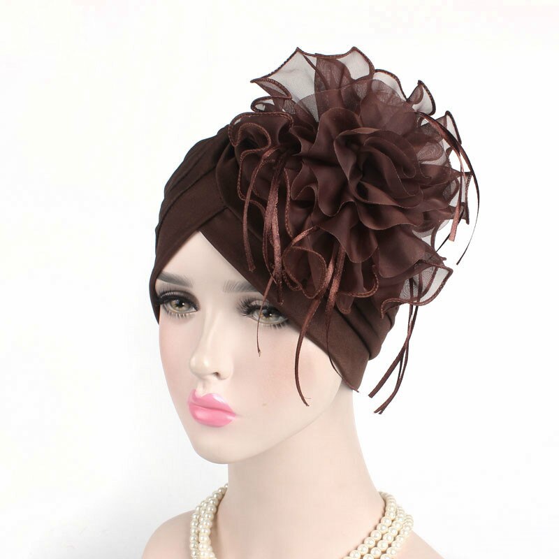 Sombreros con flores grandes para mujer, gorros turbante fruncido, sombreros de turbante indio, hiyabs musulmanes para mujer: Marrón