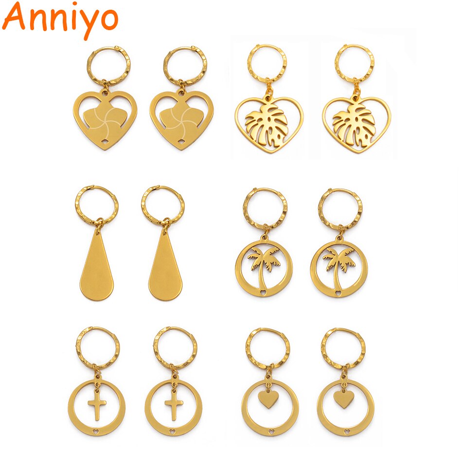 Anniyo Small Kiribati Earrings for Women Girls Gold Color Stainless Steel Jewelry #053221