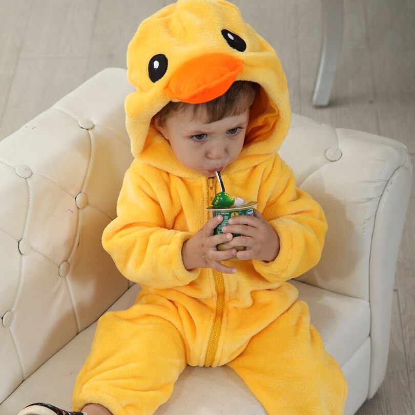 Animal bébé barboteuse jaune canard Bebe vêtements pour bébé garçon fille vêtements mignon flanelle dessin animé à capuche combinaison Costume