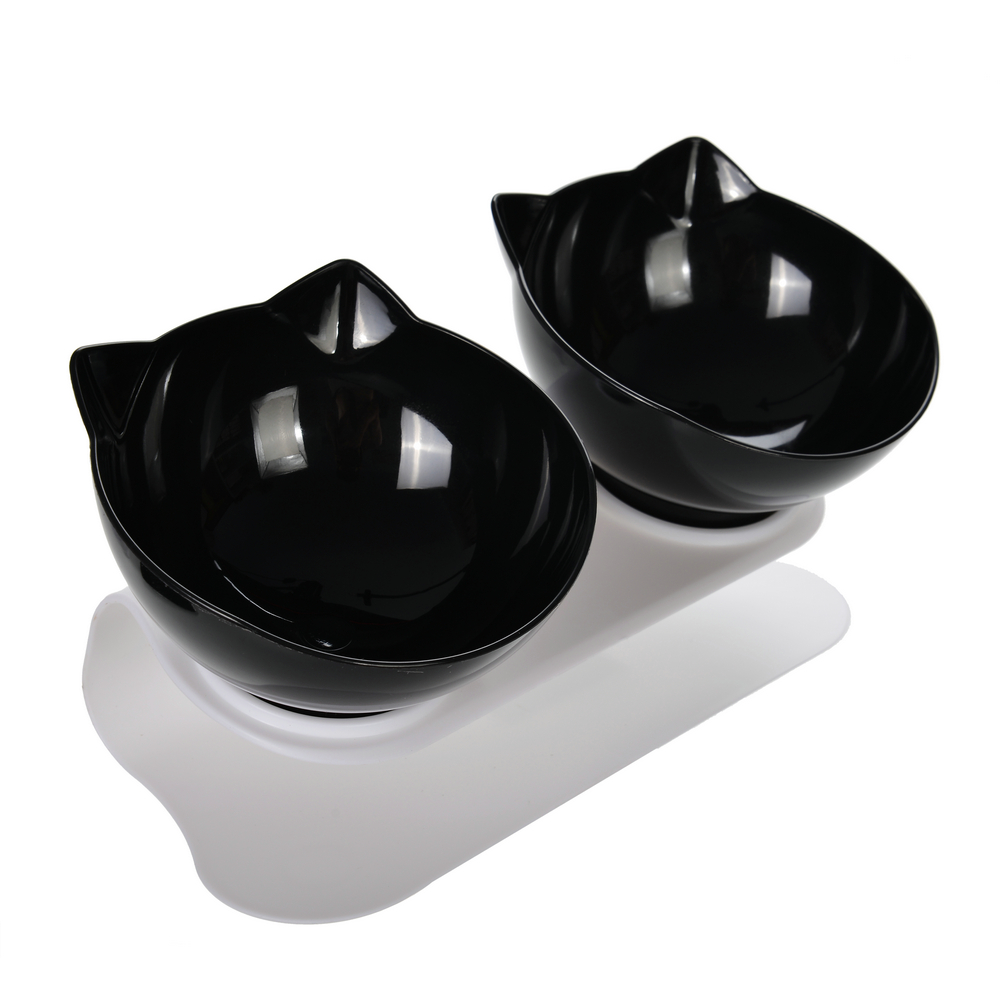 Double Cat Feeding Bowl PC Plastic Cat Shape 2 Cat feeder Container 15 Degree Tilted Pet Inclination Stand Cats Feeding Bowl: WHITE