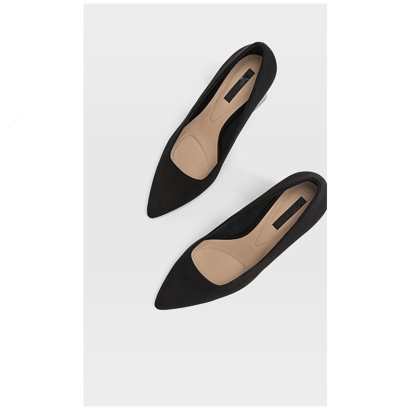 Herfst winter zwarte dames schoenen met blokhak, puntige neus, vreemde hak, damesschoenen met merknaam