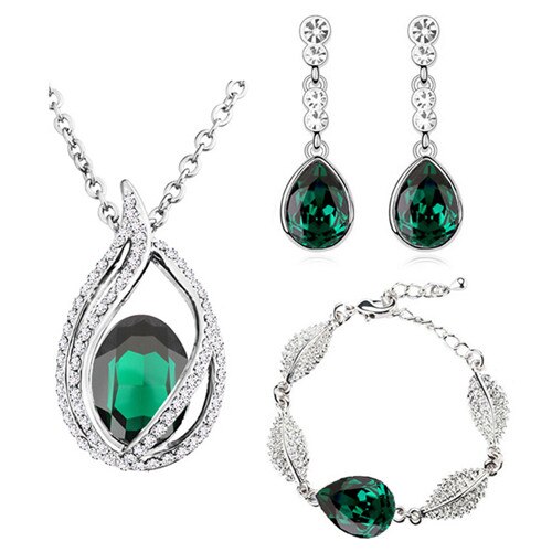 Cristal austriaco llama fuego hoja dejar joyería establece collar pendientes pulsera de nupcial: green