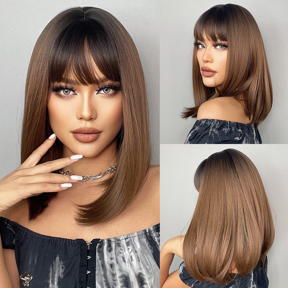 Element 16 Inch Synthetic Wig With Bangs Natural Headline Ombre Brown Color Cosplay Party Replacement Wigs for Women: lc200