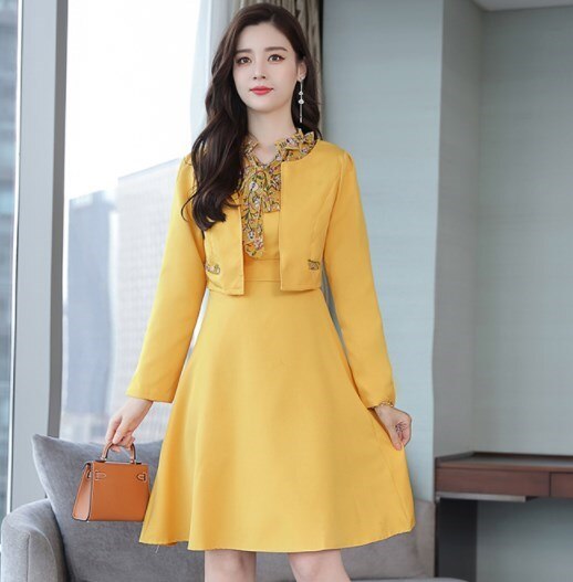 Damen Beiläufige Kurze Kleid Anzüge Süße Jacke und Kleid 2 Stück einstellen Outfit Büro Tragen Frauen Kleid mit Blazer Rosa gelb Grün: Gelb / L
