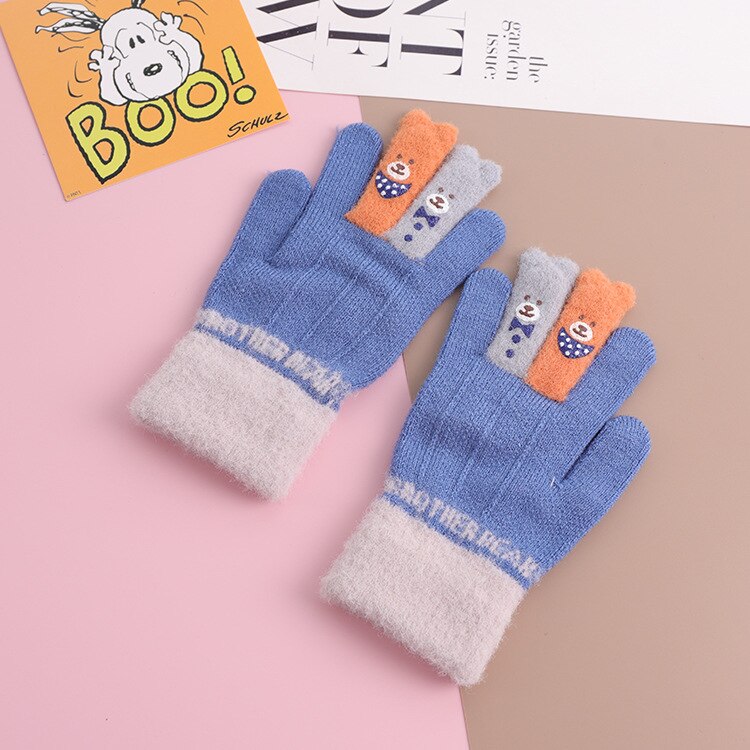 For 4~7Y Kids Winter fingers warm soft knitted boy gloves carton girls thin gloves for Kids: blue