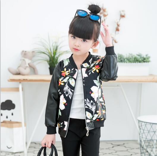 Meisjes Lente Herfst Jas Mode Pu Jassen O-hals Lange Mouw Afdrukken Bloem Camouflage Meisjes Uitloper Meisjes Kleding 3-9: flower / 4T