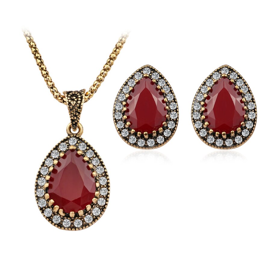 Kinel Zwarte Steen Vrouw Sieraden Set Mode Dubai Gold Oorbellen Ketting Vintage Bruiloft Sieraden: Red
