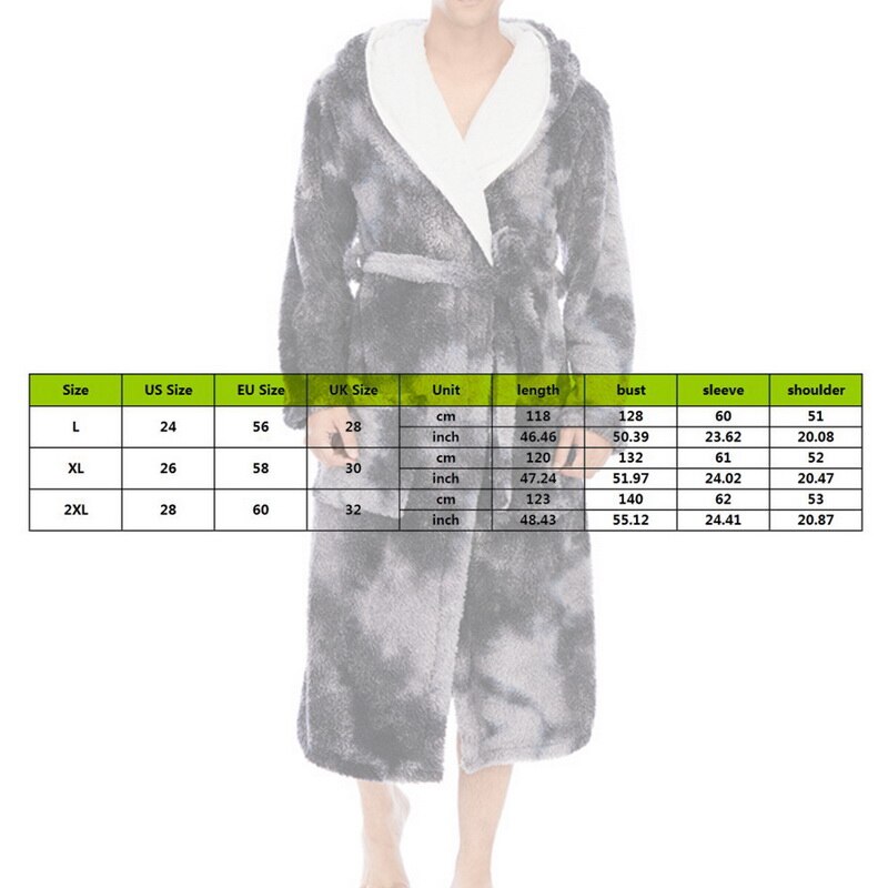 Winter Warm Flannel Bathrobe Men Knee-Length Bath Robe Soft Thick Tie-dye Print Plush Hooded Robes Male Dressing Gown Sleepwear