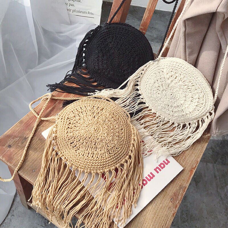 Bolso bandolera bohemio de verano para la playa, bolso de hombro cruzado para mujer, bolso redondo de paja, bolso de mano y cesta tejida