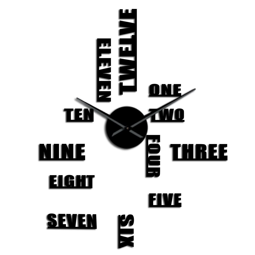 DIY English Letter Number Wall Clock Modern 3D Sticker Frameless DIY Giant Wall Clock Simple Quiet Sweep Wall Watch Decor: Black / 47inch