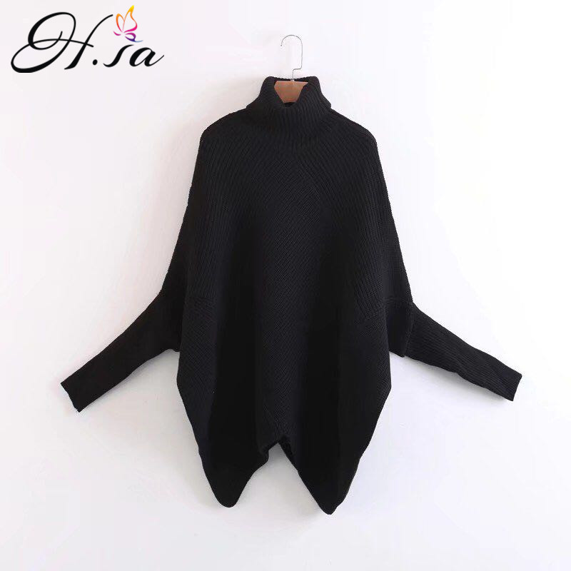 H.SA Women Autumn WinterTurtleneck Sweaters Batwing Sleeve Oversized Sweater Poncho Pullover and Sweater Jumpers Irregular Pull