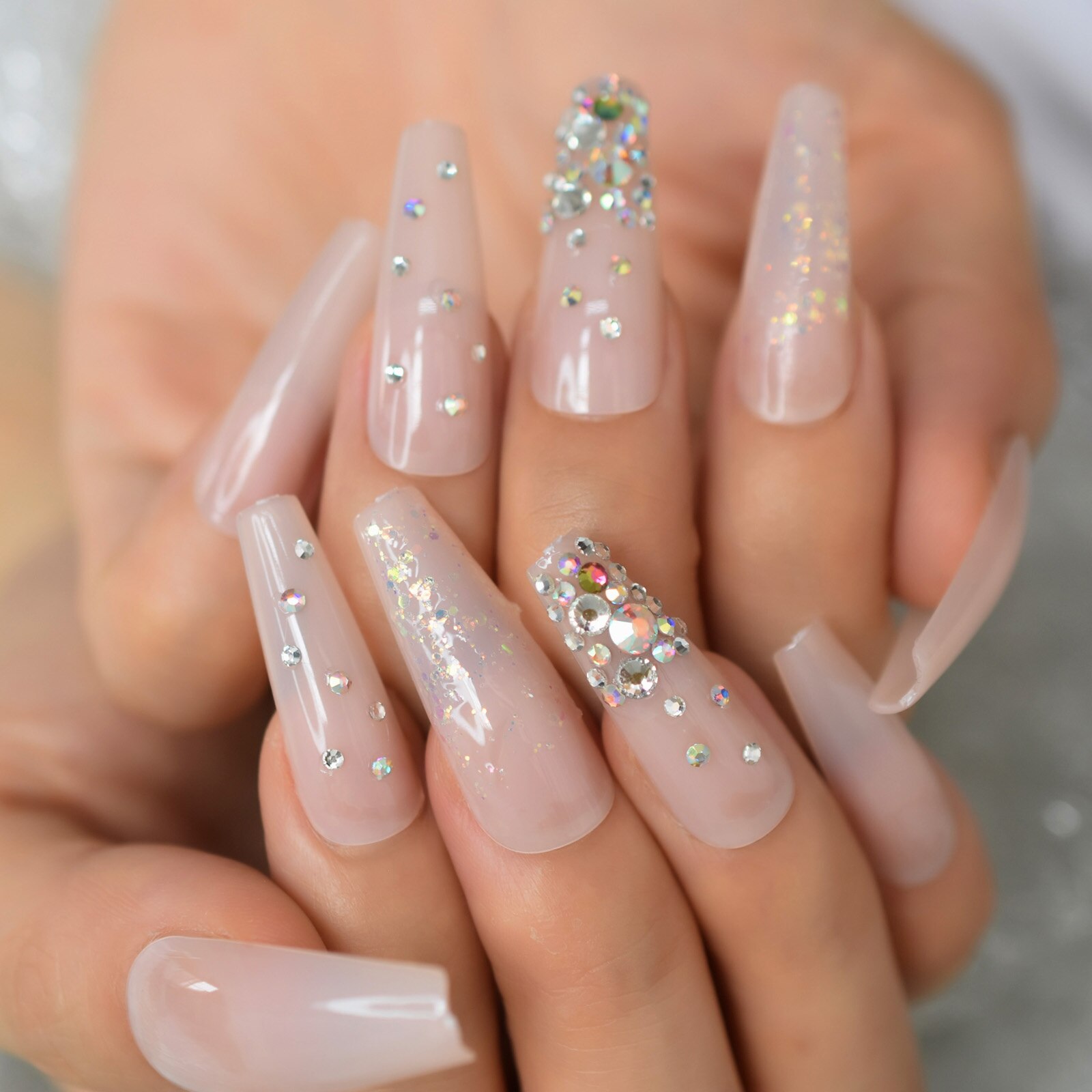 Extra Lange Druk Op Nagels Met Strass Parels Glitter Roze Nep Nagels Doodskist Ballerina Glossy Acryl Nail Tips Voor Vrouw: L6104