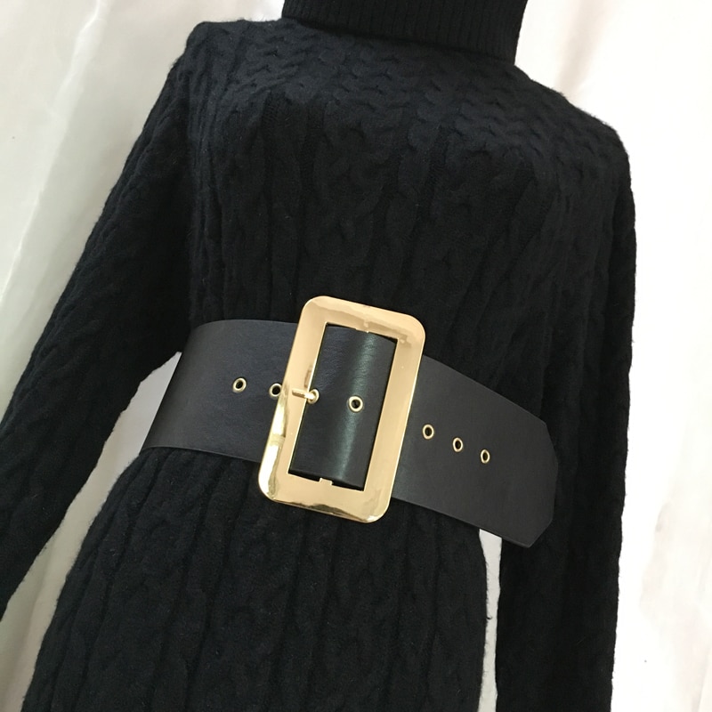Vintage Metalen Vierkante Gesp Riem Vrouwelijke Mode Zwart Pu Leer Brede Riem Dames Elegante Taille Sash Voor Herfst Winter