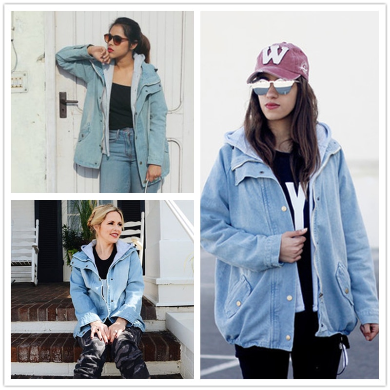 Frauen Mit Kapuze Denim Jacke Mantel Weibliche Jean Jacken Kordelzug Trends Patch Tasche Langarm Taste Hoodie Windjacke Frühling