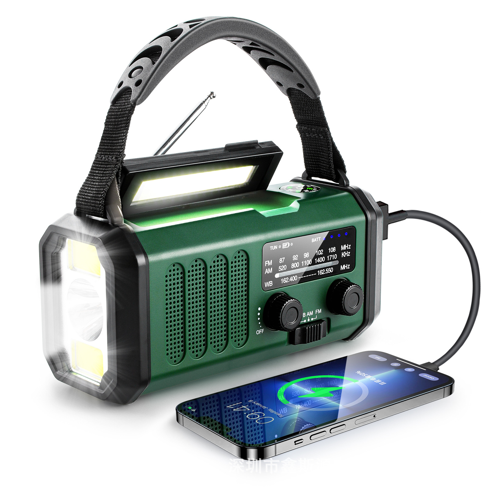 10000mAh Emergency Radio Solar Hand Crank Dynamo Radio FM/AM/NOAA Flashlight SOS Alarm Power Bank راديو الطوارئ רדיו ופנס חירום: green