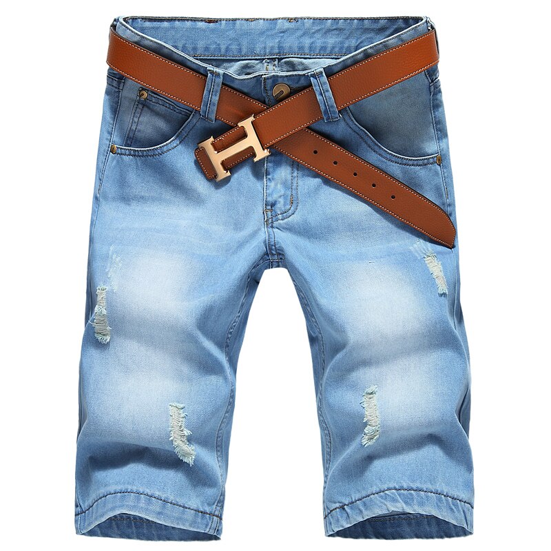 Summer Casual Light Blue Short Jeans Short Pants Size 42 No Belt Large Size Men Holes Denim Shorts Male Short Jeans