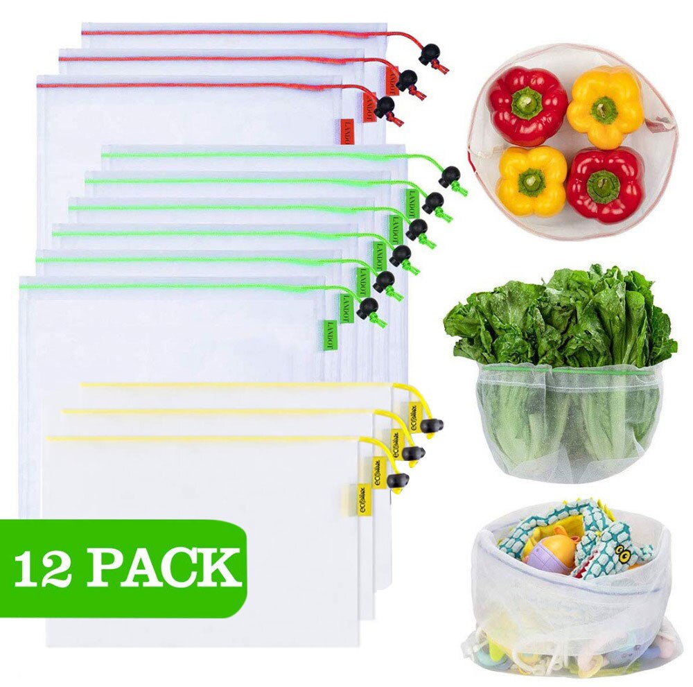 12 Pcs Reusable Produce Mesh Bags for Grocery Shopping Bag 3 Sizes Washable Food Storage Bags: Default Title