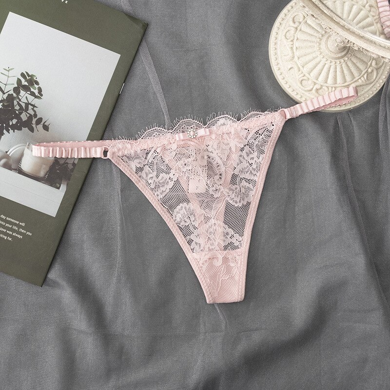 European Style Thong Sexy Lace Panties Low Waist Seamless Hollow Out G-Gtring Women&#39; Transparent T Pants Female Lingerie: pink