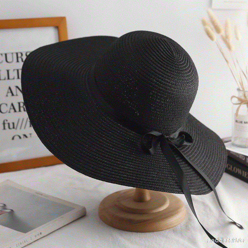 GOUTER-chapeau d'été résistant au soleil pour femmes, chapeau en paille pliable Portable à large bord, ruban de fête sur la plage, chapeau à nœud papillon: black