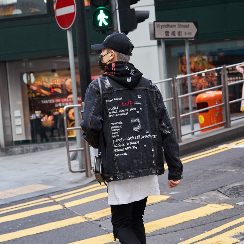 Chaquetas vaqueras con bordado de Hip Hop, abrigo vaquero para hombre con agujeros rasgados, Otoño , Chaquetas vaqueras para hombre, bordado HW340