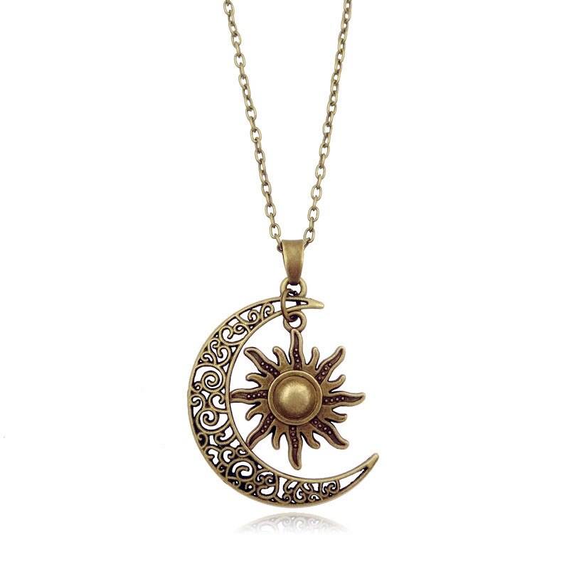 XUSHUI XJ Vintage Sun Moon Pendant Necklace Silver Crescent Moon Chain Necklaces for Women Jewelry