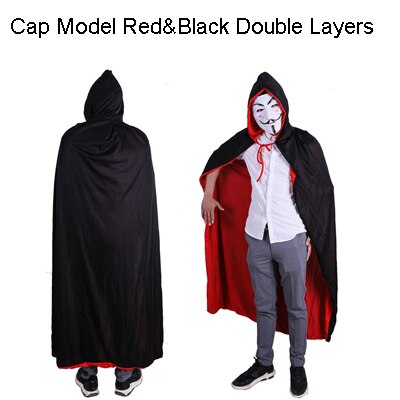 Black Red Children Halloween Cosplay Costume Theater Prop Death Hoody Cloak Devil Mantle AB Wear Long Tippet Adult Hooded Cape: double layer withCap / M