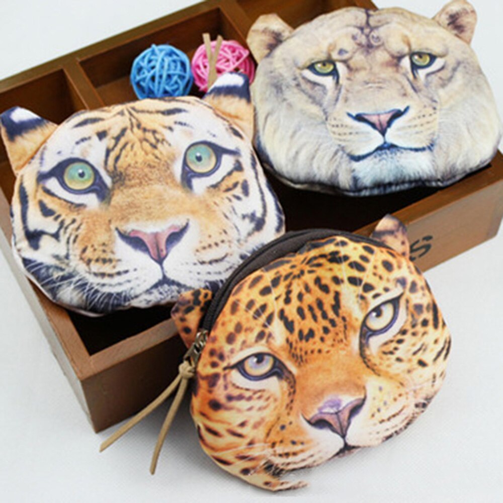 3d Dieren Portemonnee Make-Up Tas Pouch Kawaii Tas Portemonnees Kinderen Leuke Leeuw Tijger Gezicht Rits Case Coin Kids portemonnee