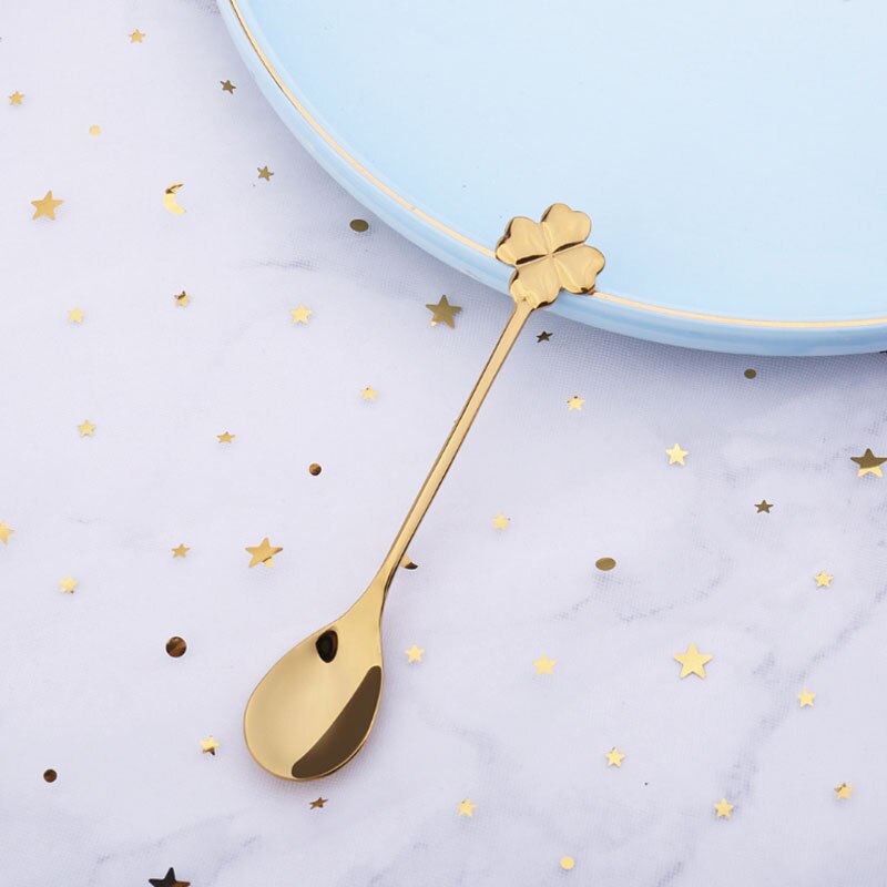 Japanese-style stainless steel coffee spoon dessert series set home kitchen rose four-leaf clover cartoon spoon: Golden clover