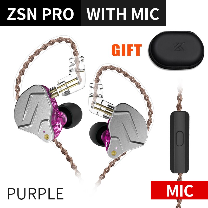 KZ ZSN Pro X Wired Headset With Mic ZSN Pro Hybrid Metal Stereo Bass In-Ear Earphone Monitor Sports Headset Gamer for Xiaomi: purple with mic