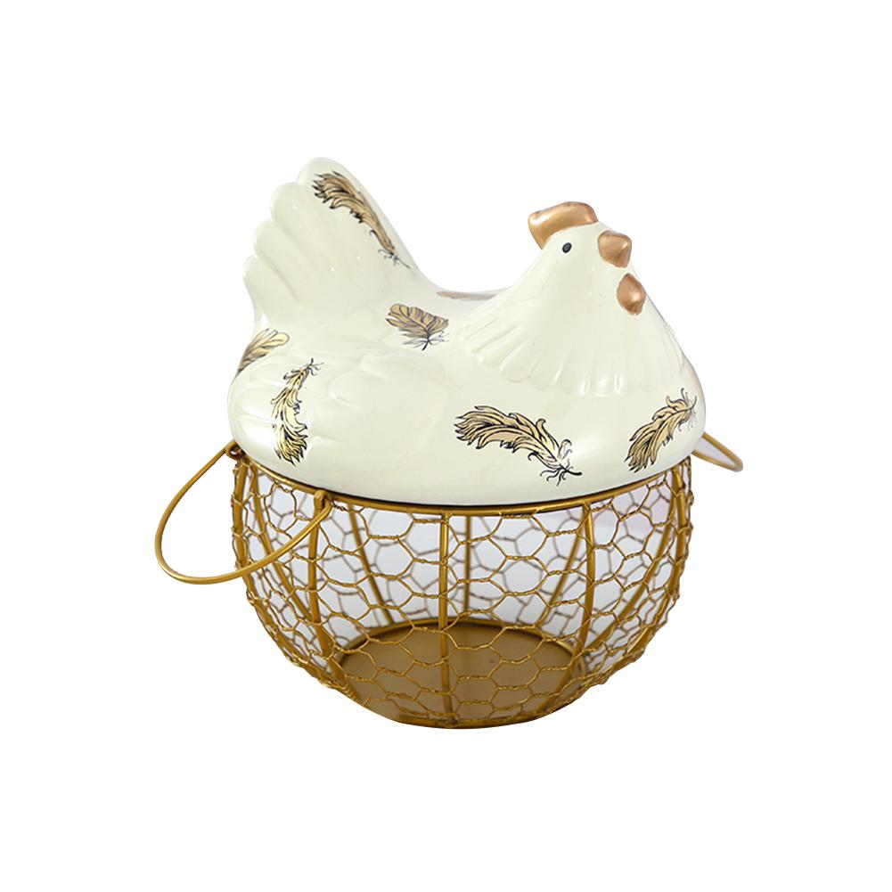 Metal Wire Egg Storage Basket With Ceramic Chicken Durable Large Capacity Top Handles Fruit Snacks Organizer Kitchen Decoration: 02