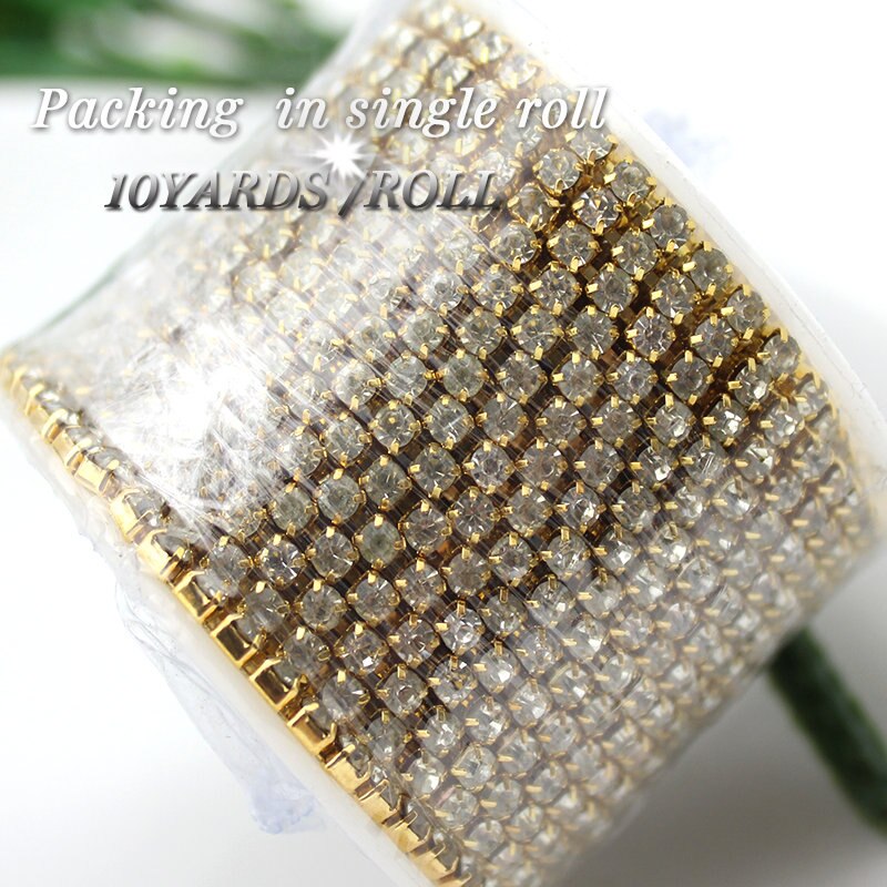 Ss6-ss16(2mm-4mm) 10 meter/rol kleding naaibeker strass ketting gouden basis glanzend kristal naai-stijl diy accessoires