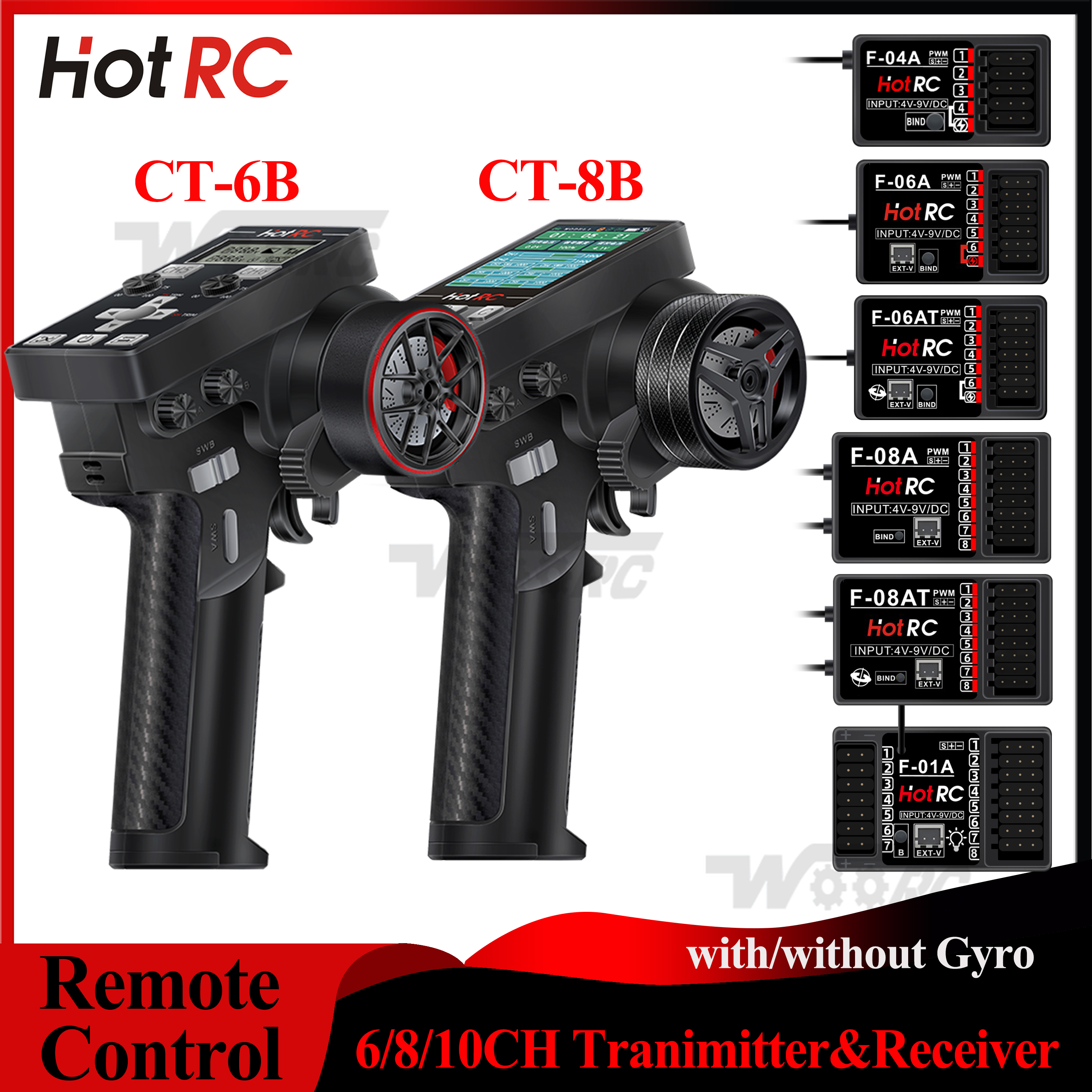 HOTRC 8CH 10CH CT-6B CT-8B 2.4G Transmitter Remote Control Gyro F-04A F-06A F-08A F-01AT Receiver for RC Cars Boat Tank Toy