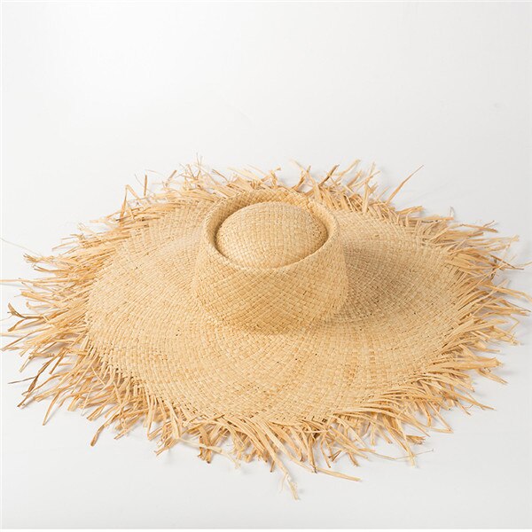 USPOP verano rafia ala ancha sombreros de sol mujeres hecho a mano sombrero de paja verano natural paja playa sombrero casual sombra de protección UV: Round ring top