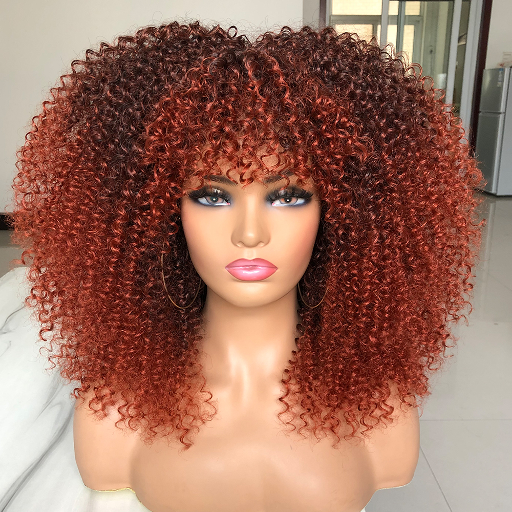 Perucas afro encaracoladas para mulheres negras, perucas sintéticas afro encaracoladas com franja, cabelo longo e fofo e encaracolado: T1B/350