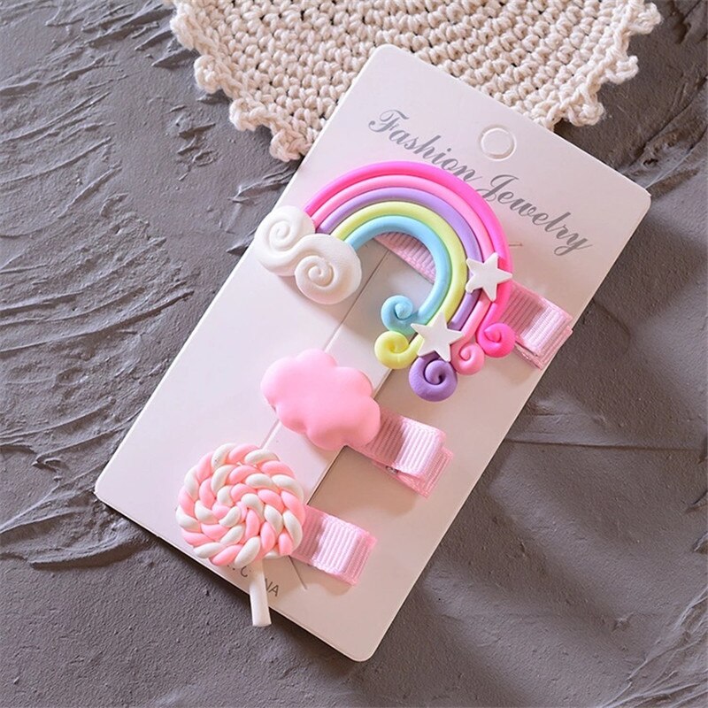 Hair Pins Baby Beauty Hair Pin Accessories Hairclips for Girls Rainbow Cheap 3pcs/set Cute Cloud Lollipop Kids Hairpins Headwear: Pink