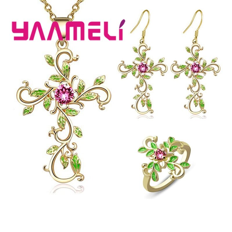 1 Set Crystal Bloem Ketting Hangers 925 Sterling Zilveren Kruis Sieraden Set Voor Vrouwen Boho Vintage Sieraden: Style1 gold