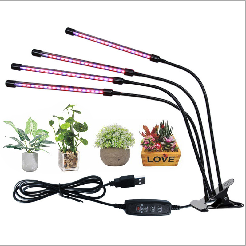 Luz LED de cultivo de plantas con 1/2/3/4 cabezales, luz de planta con Clip, conmutación de 3 colores de luz, atenuación temporizable USB, lámpara de cultivo de espectro completo: RGB