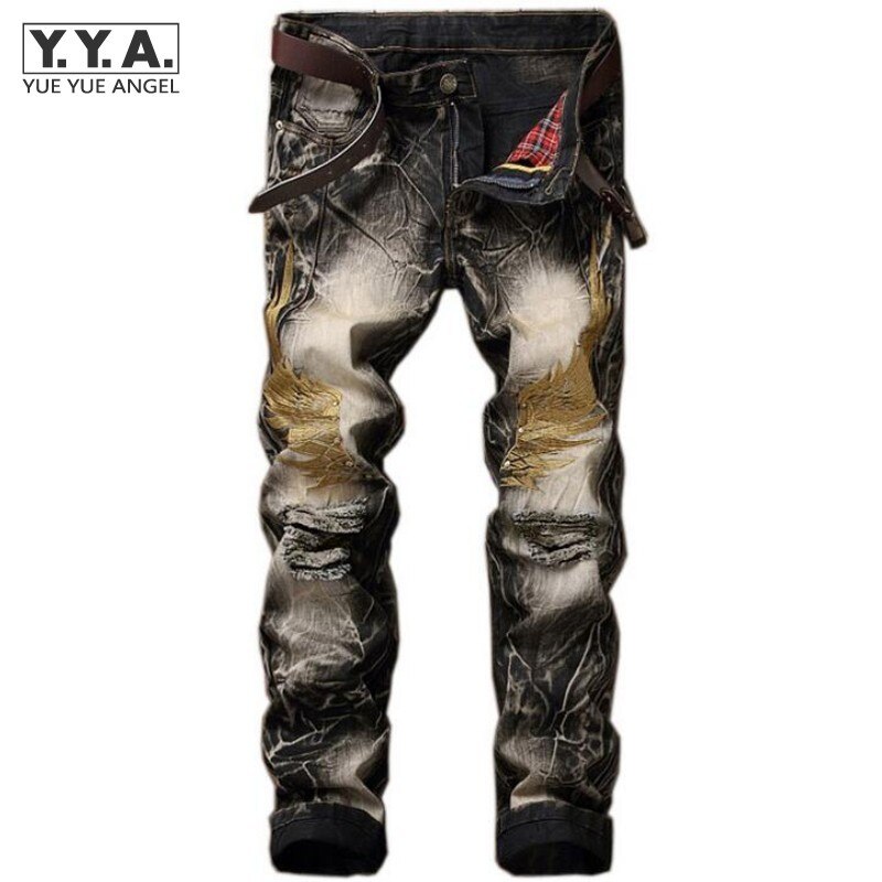 Summer Mens Retro Jeans Ripped Hole Male Slim Fit Denim Trousers Embroidery Wings Biker Jeans Pants Plus Size 42: 31