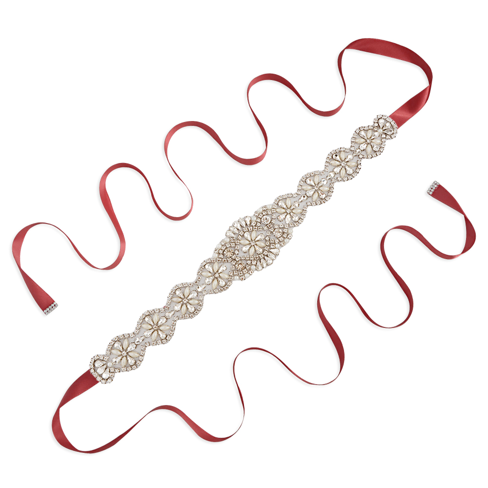 TRiXY S161-G Goldene Braut Gürtel für Frauen Strass Gürtel Braut Gürtel Hochzeit Schärpe Gürtel Gold Strass Applikationen: Wein rot