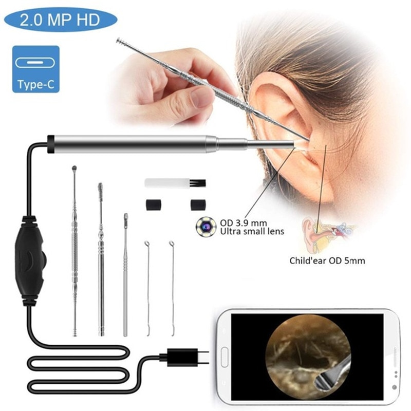3.9mm Lens Endoscope Camera Type C USB Ear Otoscope With Adjustable 6led Light 1.5M Cable For Android Phone Tablet Windows PC