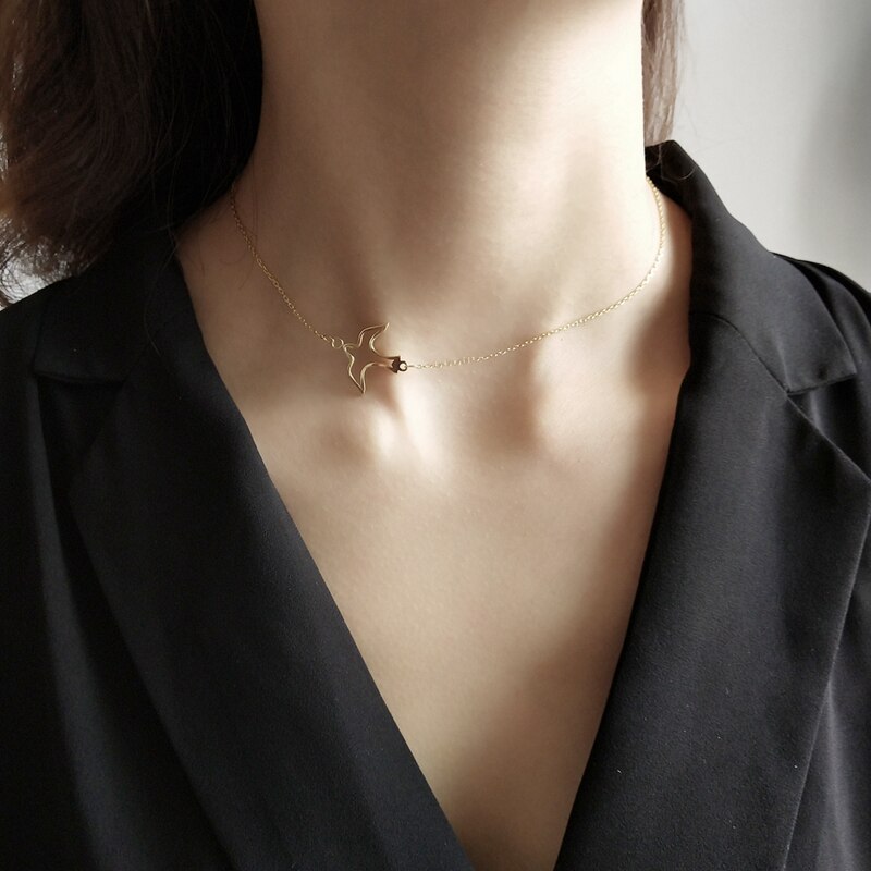 LouLeur 925 sterling silver free Swallow pendant necklace gold openwork bird choker necklace for women jewelry