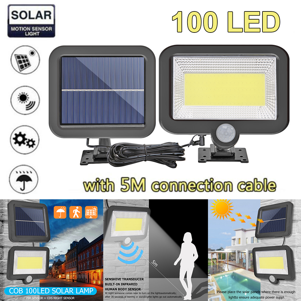 Iluminação com 100 leds cob, com sensor de movimento, painel solar, para iluminar o caminho, à prova d' água, para áreas externas, sensor infravermelho, com suporte para jardim, para dropship