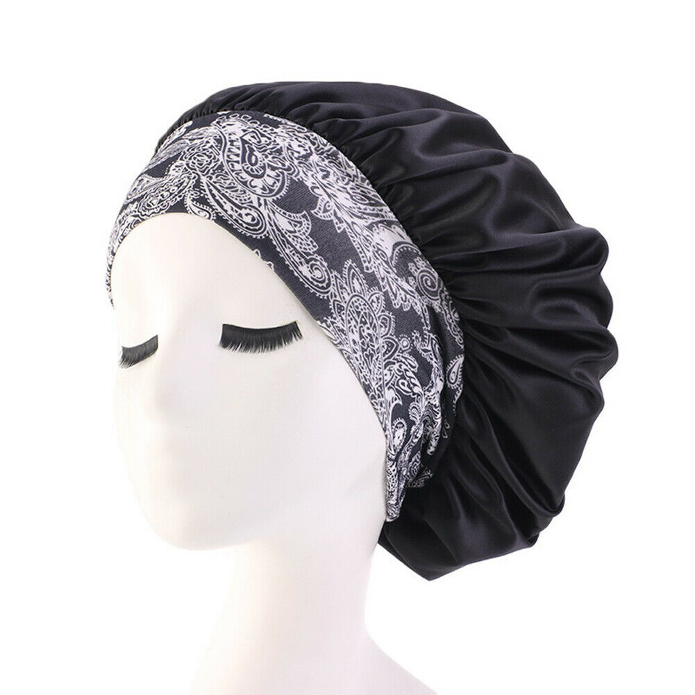 Vrouwen Satin Night Schoonheidssalon Slaap Cap Cover Haar Motorkap Hoed Zijde Hoofd Brede Elastische Band Voor Krullend Veerkrachtig Hair chemo Cap: Black