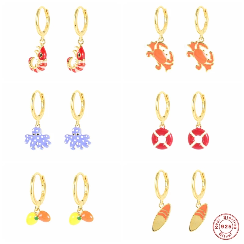 adiutant 925 srebrny śliczne emalia krab krewetki wisiorek dynda kolczyki lato plaża kolekcja ośmiornica deska surfingowa urok spadek kolczyki