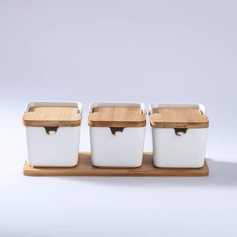 Nordisk minimalistisk keramisk krydderikrukke med bambus låg porcelæn salt opbevaringsboks køkken arrangør krydderier: 3 gryder hvide