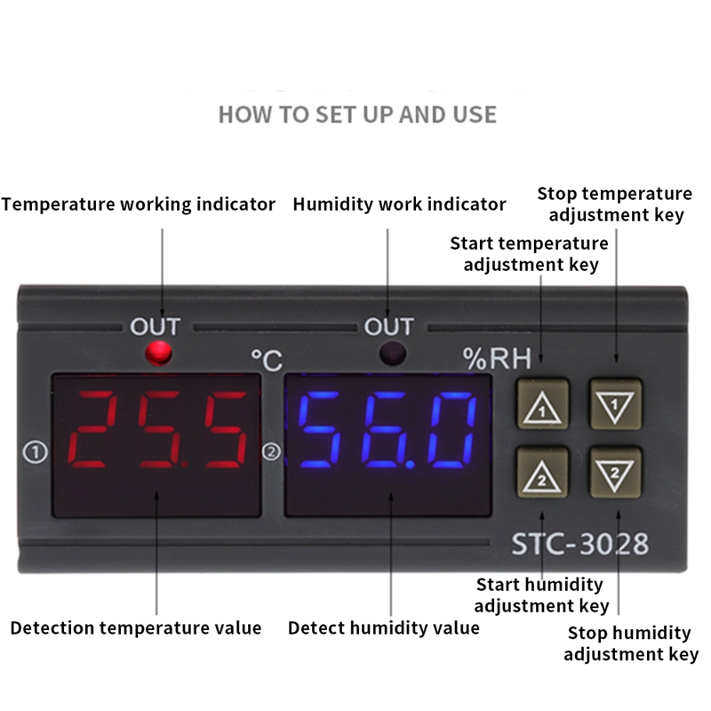STC-3028 Digital Thermostat Hygrostat Temperature Humidity Controller Regulator Heating Cooling Control